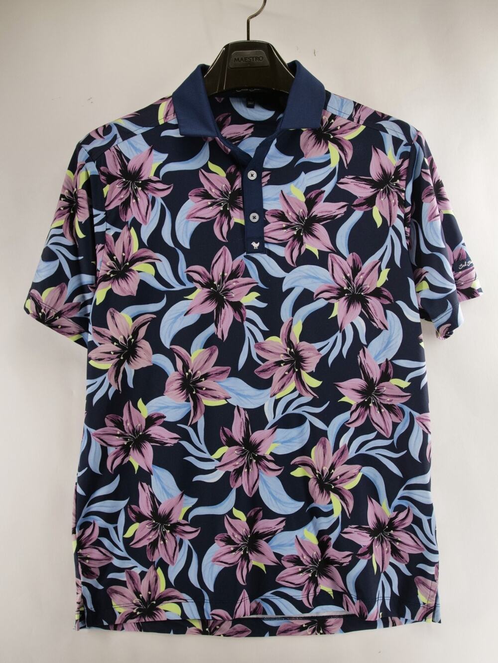 Bad Birdie Mens S Tailwind Performance Golf Polo Shirt Navy Blue Purple Floral
